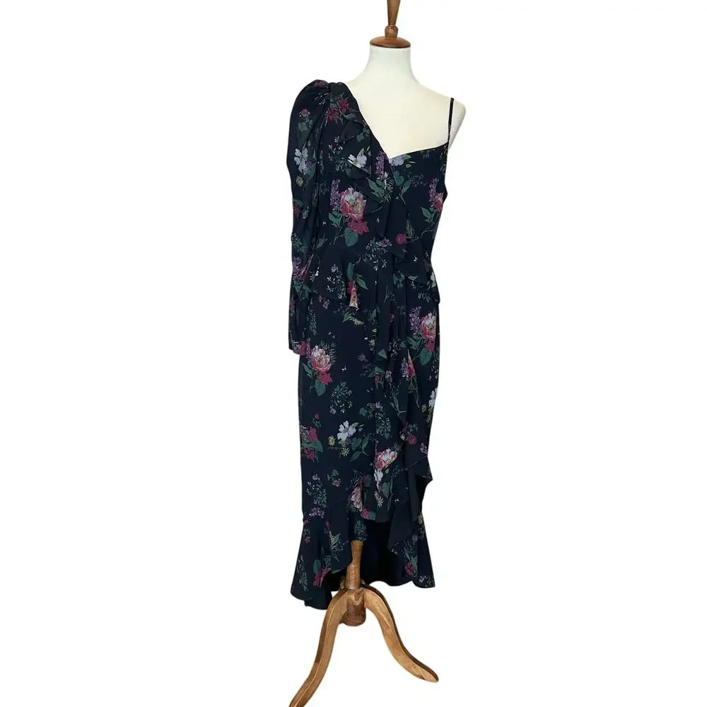 Amur Black Floral Chiffon Midi Dress SIZE 10 Cocktail Romantic Designer $600 - Picture 5 of 10